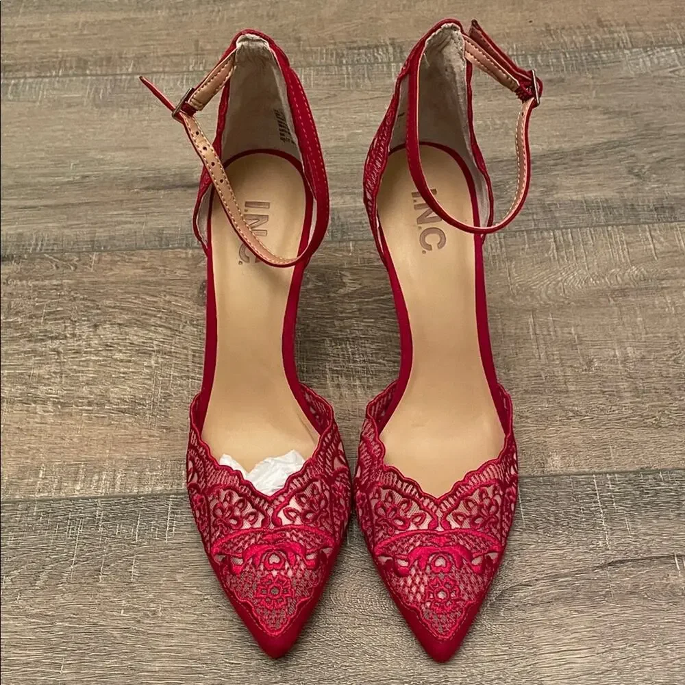 INC International Concepts Women's Red Lace Ankle Strap Heels - Picture 2 of 5